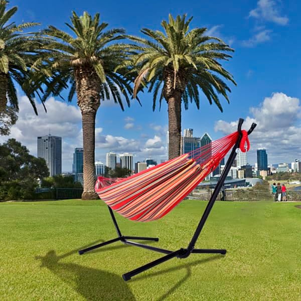 Double Hammock with Steel Stand for Outside,Portable Space Saving Heavy-Duty Steel Frame Hammock w/Portable Carrying Bag for Indoor Outdoor Patio Yard Camping,Easy Assembly,600 lbs Capacity (Red)