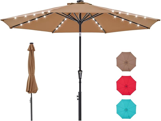 DUMOS LED Outdoor Patio Umbrella 10 FT UV-Resistant Market Umbrella with Tilt Adjustment & Crank Lift, All-Weather Shade for Backyard, Deck, Garden, Beach