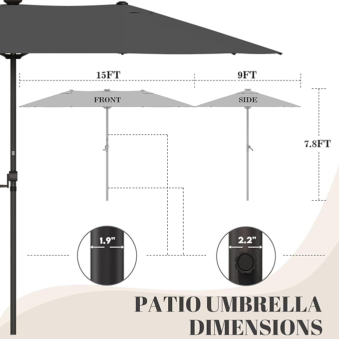 GDPFN 15ft Rectangular Patio Umbrella with Solar LED Lights, Double-Sided Outdoor Market Umbrella Extra Large Shade for Pool, Deck, Backyard, Garden, Dark Gray (Base Not Include)