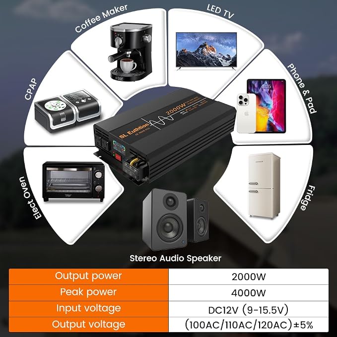 2000W Pure Sine Wave Power Inverter 12V DC to 120V AC 60HZ with LCD Display, USB Port, Wireless Remote Control（10M）, Solar, Outdoor