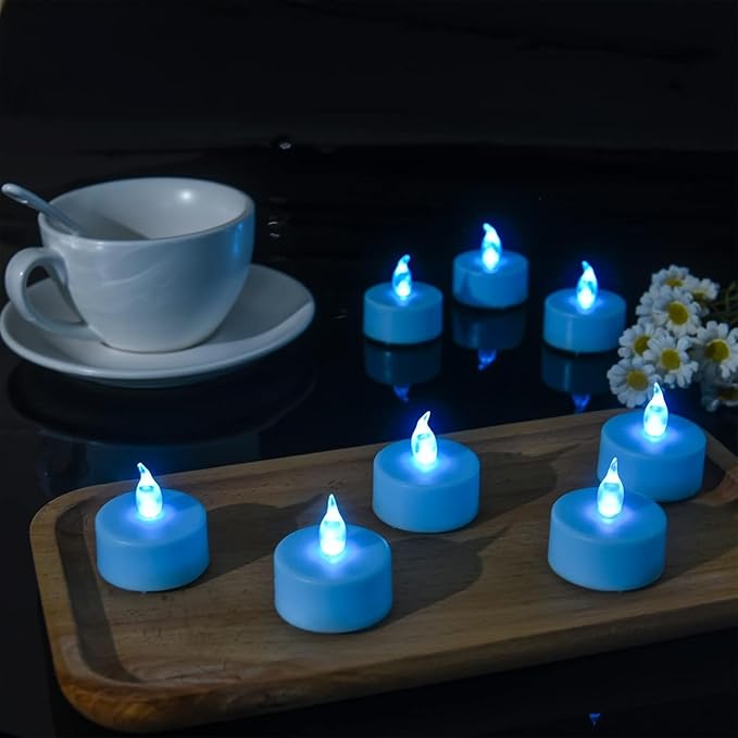 Hanzim LED Tea Lights Candles- 12PACK Blue Flameless Candles Realistic and Bright Flickering Long Lasting 200Hours for Holiday Celebration,Party, Home Decoration,Battery Operated