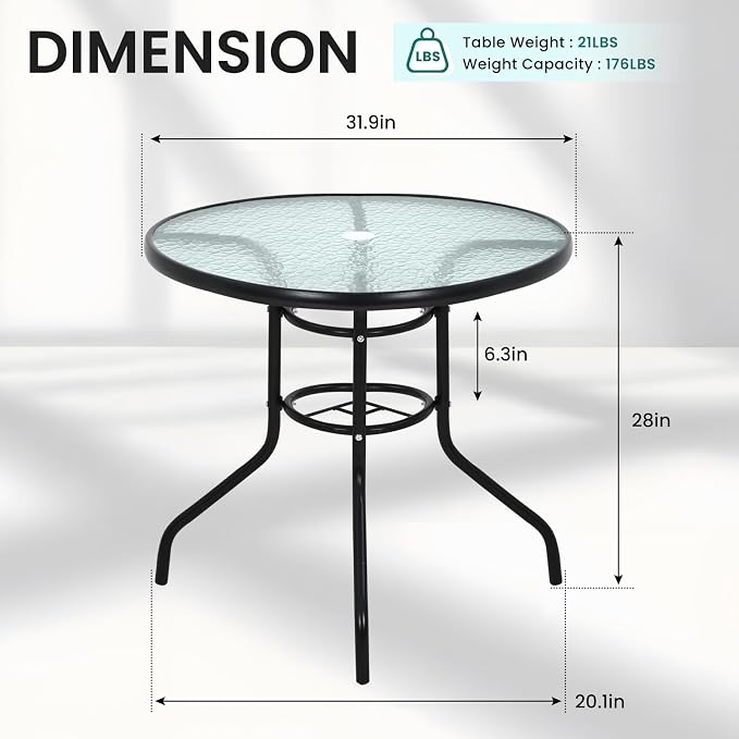 32'' Patio Bistro Table Round Outdoor Coffee Table, Round Tempered Glass Top with Umbrella Hole, Outdoor Dining Table for Balcony Backyard Lawn and Garden, Black