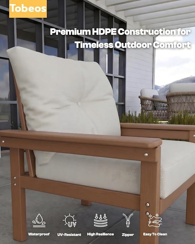 HDPE 7 Piece Patio Furniture Set, All-Weather Outdoor Couch Set with Thick Cushions & Table & Umbrella, Patio Conversation Sets for Lawn, Garden, Porch, Balcony, Deck, Poolside, Teak & Beige