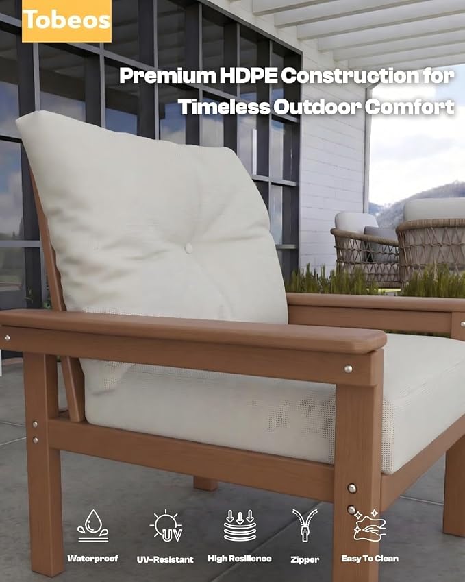 HDPE 3 Piece Patio Furniture Set, All-Weather Outdoor Couch Bistro Set with Thick Cushions & Side Table, Patio Conversation Sets for Lawn, Porch, Garden, Balcony, Deck, Poolside, Teak & Beige