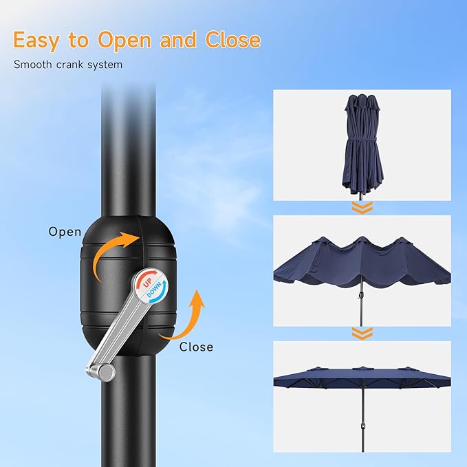 ONBRILL 15ft Patio Umbrella with Base Included, Extra Large Shade Area, Double Sided Rectangle Umbrella with Crank Handle for Poolside, Garden, Yard, Blue (Blue)