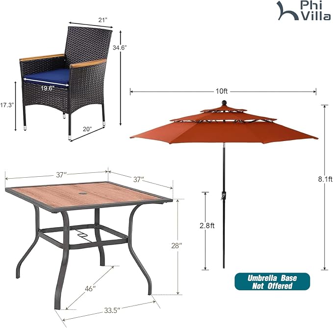 PHI VILLA 5pc Patio Dining Set with Umbrella, Square Table, Rattan Chairs | 37" Wood-like Metal Table, Cushioned PE Rattan chairs, 10ft Red 3 Tier Auto-tilt Umbrella (Base Not Included)