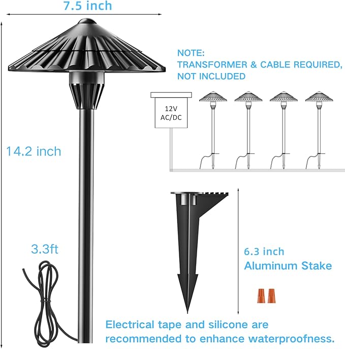12 Pack 3000K Low Voltage Landscape Lights, 5W 500LM Outdoor Pathway Lighting, 12V IP65 Waterproof Landscape Path Lights for Walkway Yard Garden, CRI 90+, Aluminum, ETL Listed Cord