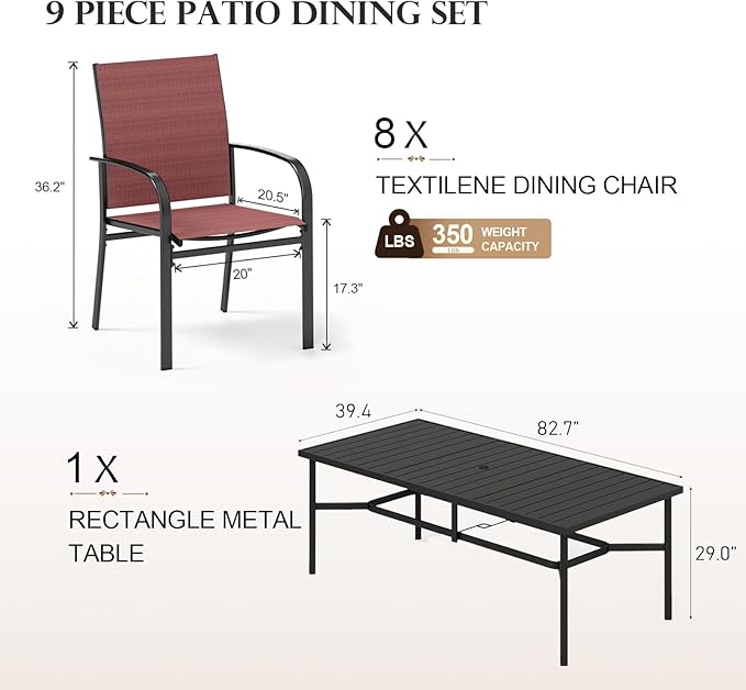 HERA'S HOUSE 9 Pieces Patio Dining Set, Outdoor Metal Table and Chairs Set for 8, 83" Rectangular Table with 1.71" Umbrella Hole, 8 x Textilane Patio Dining Chairs for Lawn Garden Backyard Deck