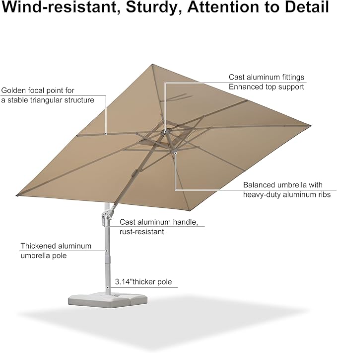 PURPLE LEAF 9' × 11.5' Patio Umbrella White Cantilever Umbrella Aluminum Square Outdoor Offset Umbrella Hanging Windproof with 360° Rotation for Garden Deck Pool, Beige