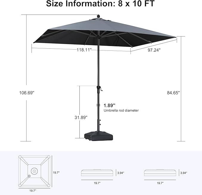 PURPLE LEAF 10' x 8' Patio Market Umbrella Outdoor Table Sun Umbrellas with Crank 8 Aluminum Sturdy Ribs for Pool Deck Backyard Beach Gray
