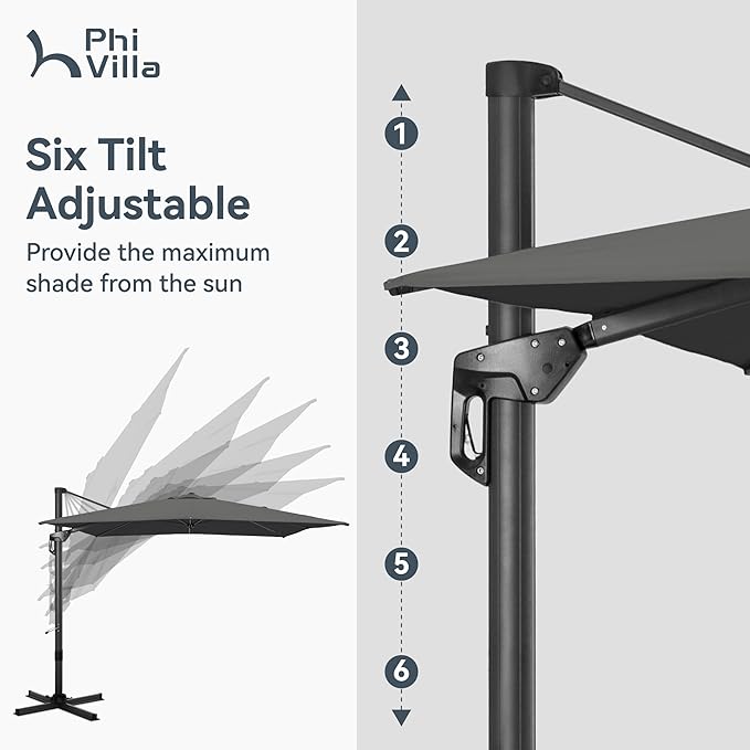 PHI VILLA 9'x12' Outdoor Patio Deck Umbrella with Base. 360° Rotation & 6-Level Tilt with Easy Crank Handle. Rectangle Offset Cantilever Umbrella Heavy Duty for Garden Poolside Backyard (Grey)