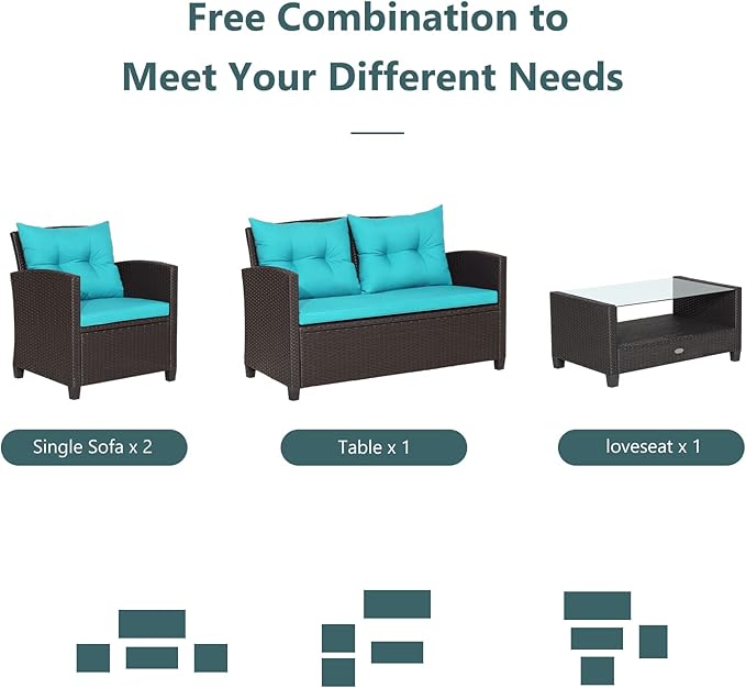 Tangkula 4-Piece Patio Furniture Set, Rattan Wicker Chair Set with 1 Loveseat, 2 Single Sofas, 1 Coffee Table with Tempered Glass Top, Outdoor Furniture Sets for Backyard, Porch, Garden and Poolside