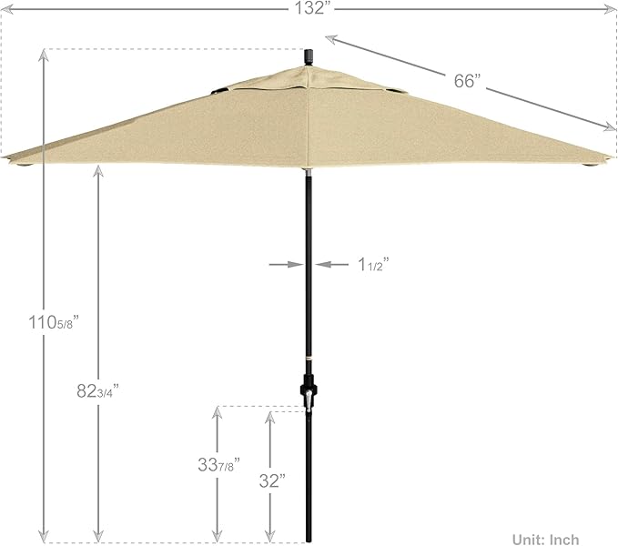 California Umbrella 11Ft Premium Sunbrella Patio Umbrella, Hand-Crank, Tilt-Collar, Black Frame, Beige Fabric