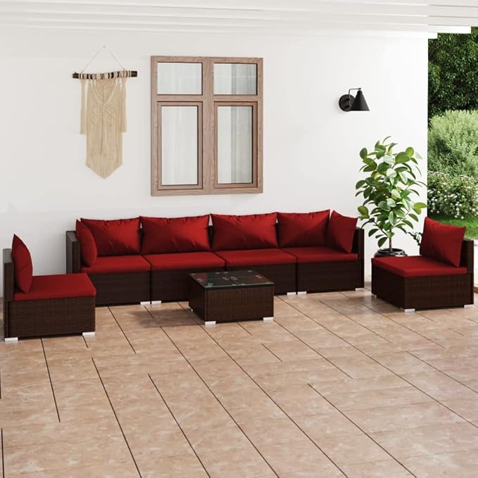 7 Piece Patio Lounge Set with Cushion, Patio Lounge Set Furniture Conversation Sets Piece Patio Set Outdoor Patio Sectional s Poly Rattan Brown
