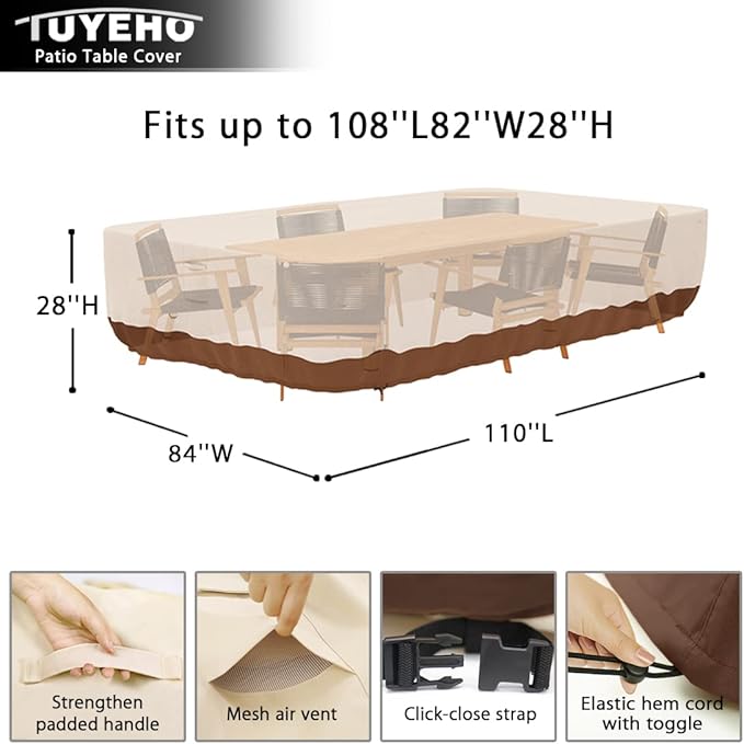Tuyeho Patio Furniture Set Cover 110 x 84 x 28 inch, Heavy Duty Oxford Fabric Outdoor Dining Set Cover, Waterproof & Weather Resistant, for Your Outdoor Rectangular Table and Chairs (Beige & Brown)