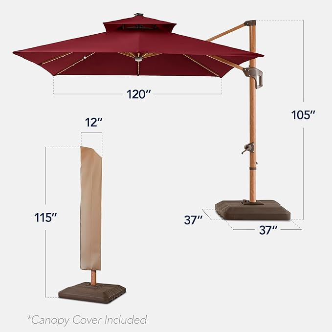 Best Choice Products 10ft Square Cantilever Patio Umbrella w/Base Included, Woodgrain Pattern Pole & Solar LED Lights, 360-Rotation, Offset Hanging Outdoor Shade