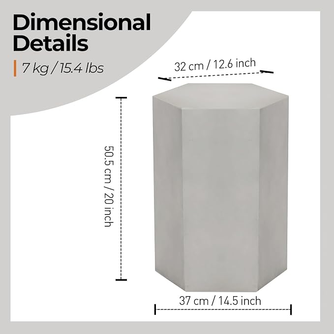 HOMPUS Concrete Side Table, Hexagon Outdoor Side Table, Modular Design Accent Table, Indoor Patio End Table, Light Grey Home Décor for Living Room, Bedroom or Backyard (14.5" L x 12.5" W x20 H)