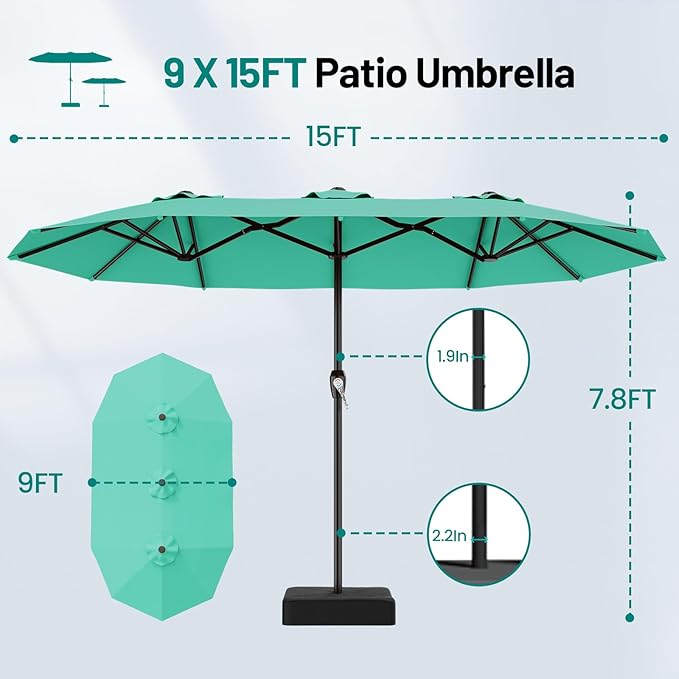 AreShark 15FT Outdoor Patio Umbrella with Crank, Large Rectangular Market Umbrella, Double-Sided Outdoor Umbrellas with Cross Base & Sandbag for Porch, Lawn, Pool, Backyard, Cerulean