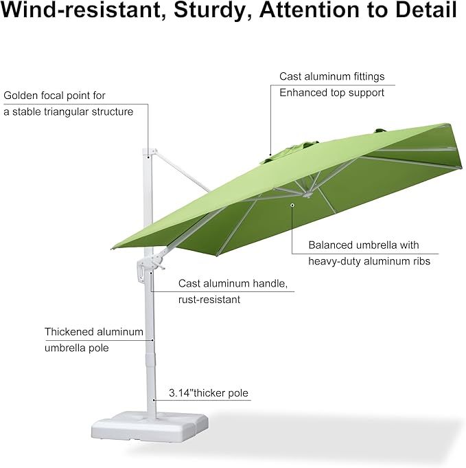 PURPLE LEAF 9 FT Patio Umbrella White Cantilever Umbrella Aluminum Square Outdoor Offset Umbrella Hanging Windproof with 360° Rotation for Garden Deck Pool, Green