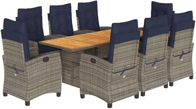 Backyard Furniture Patio Conversation Sets Outdoor Seating 9 Piece Patio Dining Set with Cushions Gray Poly Rattan Suitable for Gardens, Balconies, Decks