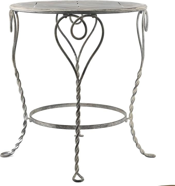 Heart Iron Side Table, Distressed Silver 26x26x30 in | Distressed silver iron, heart swirl design, twisted legs, round lower ring shelf, 2-tier, assembly required