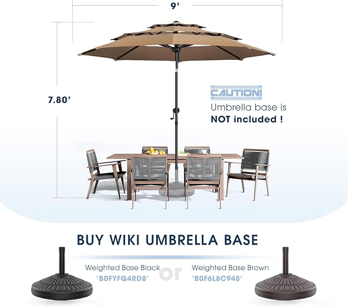 wikiwiki 9ft 3-Tier Patio Umbrella Outdoor Table Market Umbrella for Patio with Push Button Tilt/Crank, Fade Resistant Waterproof POLYESTER Canopy for Garden, Lawn, Deck, Backyard & Pool, Tan