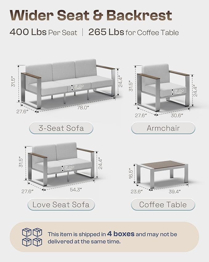 Outdoor Patio Furniture Set, 7 Seats Outdoor Patio Conversation Sets with Ergonomic Seat and Wide Washable Thick Cushions, Modern Patio Sectional Furniture for Balcony, Porch (Gray)