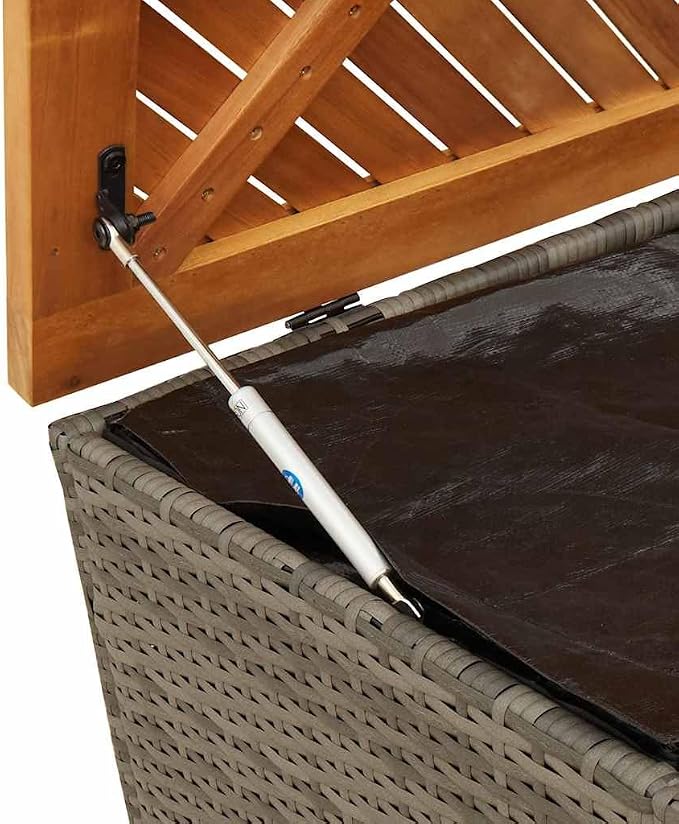Garden Storage Box Grey and Brown, Outdoor Rattan Deck Box and Bench for Patio Garden, Rectangular PE Rattan and Acacia Wood Storage Trunk, 43.3L x 19.7W x 21.3H in