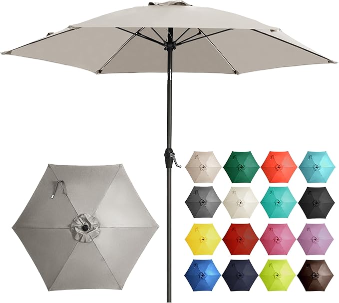 Ayge 7.5FT Large Outdoor Patio Umbrella Market Table Umbrella-UV Resistant,Easy Push Button Tilt and Crank, 6 Sturdy Fiberglass Ribs Heavy-Duty Pool Umbrella for Deck,Backyard,Garden,Yard,Light Grey