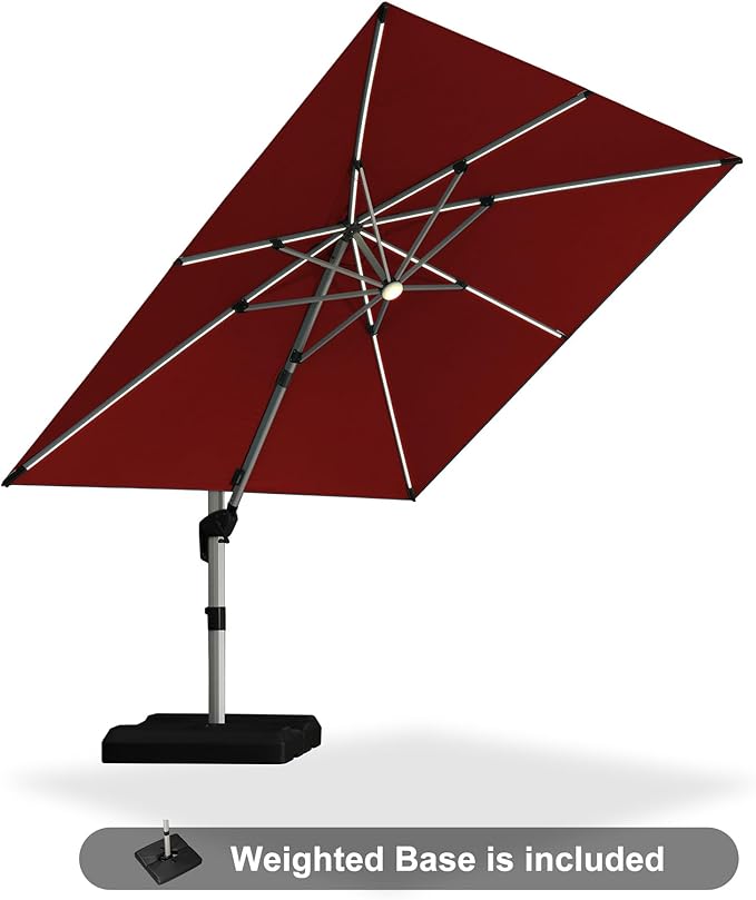 PURPLE LEAF Patio Umbrella with base 10 Feet Outdoor Square Cantilever Umbrella Solar Powered LED with 360-degree Rotation for Garden Deck Pool Patio, Brick Red