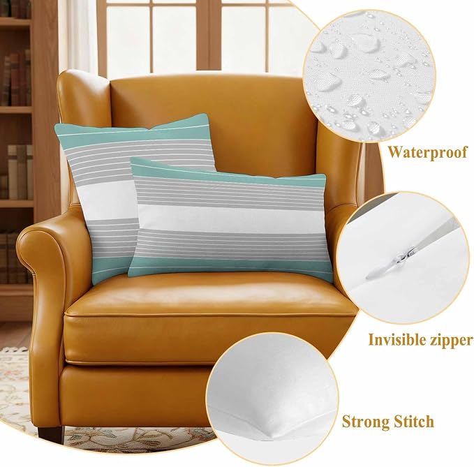Turquoise Grey Stripe Outdoor Pillow Covers Set of 2 Gradient Line Waterproof Throw Pillow Cover Decorative Cushion Cases for Patio Porch Garden 20X12 Inch