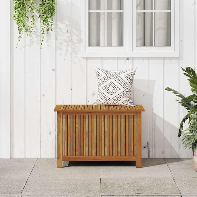 Outdoor Storage Box Solid Acacia Wood Patio Deck Bin with Galvanized Hardware 35.4 x 19.7 x 22.8 Inch Rectangular Garden Organizer for Blankets Pillows