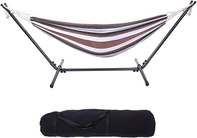 Outdoor Hammock with Stand, Hammocks for Outside, Free Standing Hammock with Stand for Backyard, 102.3"x41.33"x39.37", Portable & Weather-Resistant, Easy Assembly, Hamacas Para Adultos, Coffee Stripes