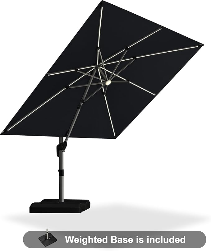 PURPLE LEAF Patio Umbrella with base 10 Feet Outdoor Square Cantilever Umbrella Solar Powered LED with 360-degree Rotation for Garden Deck Pool Patio, Grey