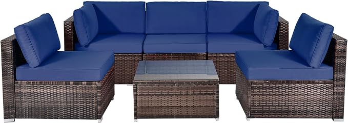 DORTALA 6 Pieces Patio Furniture Set, Outdoor Wicker Conversation Set with Glass Coffee Table, Wicker Sofa Set with Back & Seat Cushions, Rattan Sectional Conversation Couch Set, Navy