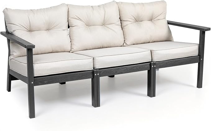3 Seat HDPE Patio Sofa, Outdoor Couch with Thick Cushions, Patio Furniture | Water-Resistant Thick Cushion, HDPE All Weather, Wood-Grain, No Rot or Rust or Crack, UV Fade Shield, Easy-Clean for Outside