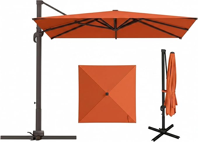 8' X 8' Patio Umbrella, Cantilever Umbrella with 360°Rotation, Offset Patio Umbrella with Easy Tilt & Fade Resistance for Pool Deck Garden Backyard, Orange (Base not Included)