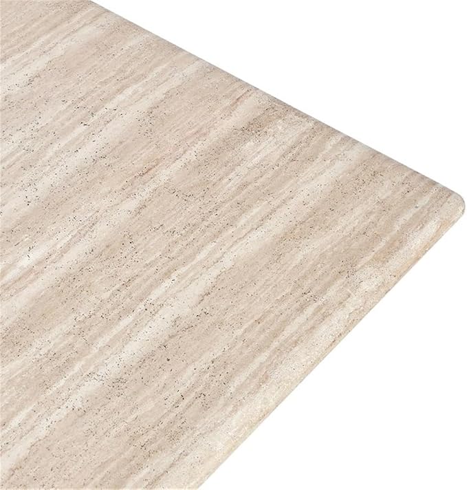 Pemberly Row 87" Travertine Beige Stripped Stone Outdoor Dining Table, Glass Fiber Reinforced Concrete, Seats 8, Horizontal Ridged Base, Block Legs, Contemporary Design for Patio Dining