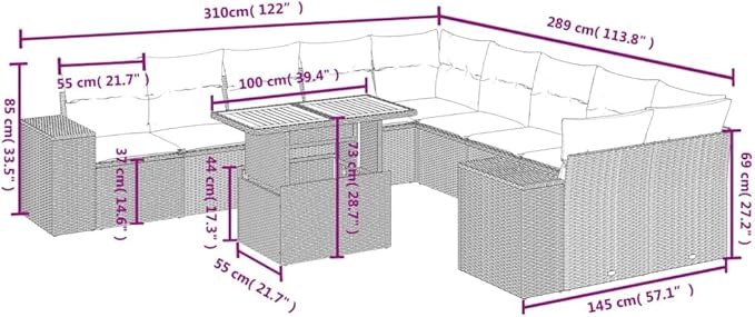 vidaXL Patio Sofa Set with Cushions 11 Piece, Outdoor Sectional Sofa Couch, Patio Conversation Set for Garden Backyard, Gray Poly Rattan