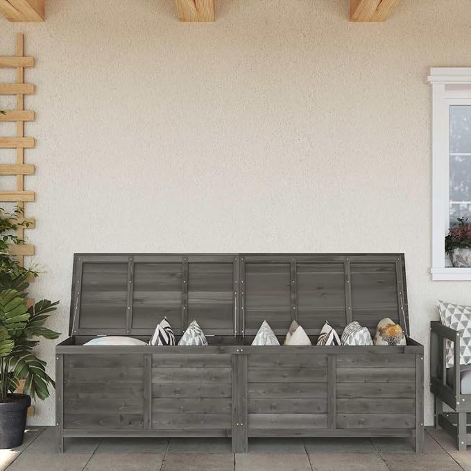 78" Anthracite Outdoor Storage Box Solid Fir Wood Deck Container Garden Cushion Chest with Ventilated Slatted Base for Patio Backyard Terrace