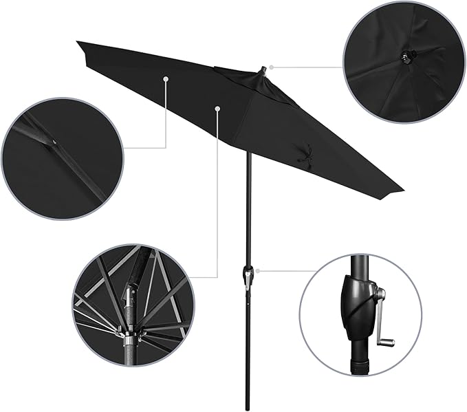 California Umbrella 7.5' Rd Aluminum Patio Umbrella, Crank Lift, Auto Tilt, Black Finish