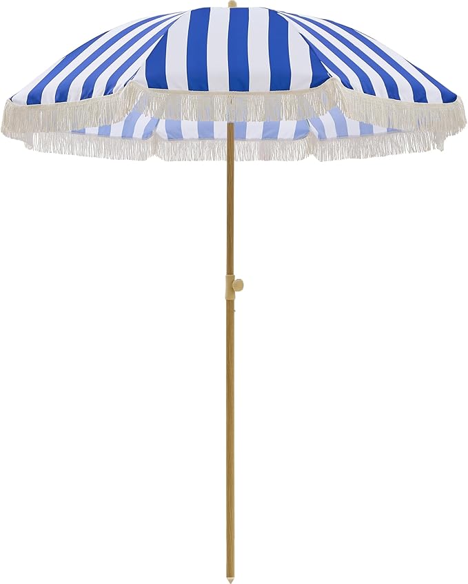 6.5FT Boho Patio Umberlla with Fringe,UPF50+ Outdoor Umbrella with Fiberglass Ribs and Push Button Tilt,Tassels Umbrella for Beach,Terrace,Picnic