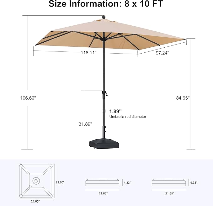 PURPLE LEAF 10' x 8' Rectangle Patio Market Umbrella with Base Outdoor Table Umbrellas Aluminum Frame Sun Shade with 8 Sturdy Ribs for Garden Deck Lawn Pool Beige