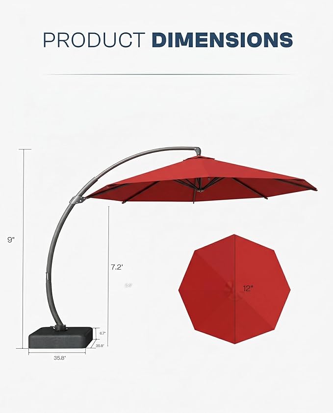 12 FT Cantilever Umbrella with Base Included, Large Round 360° Rotation Offset Umbrella Outdoor Patio, Heavy Duty Aluminum Frame, Sand-Weighted Stand, for Deck, Backyard, Pool, Garden (Red)