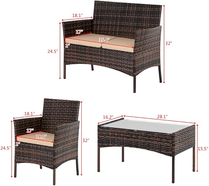 JHshop 4 Pieces Patio Conversation Set with Coffee Table, Rattan Sofa Set with Tempered Glass Coffee Table, Outdoor Furniture for Balcony Backyard Porch Garden, Sofa Chair with Coffee Table