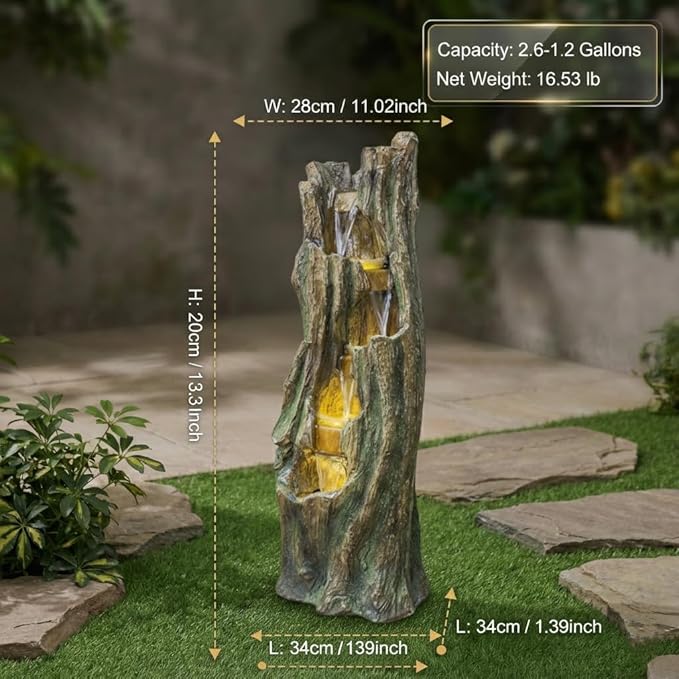 Tree Design Outdoor Waterfall Fountain with LED Lights, Freestanding Fiberglass Resin Water Feature for Patio, Backyard, Garden & Entryway Decor, Energy-Saving Lighting, Easy Setup & Low Maintenance