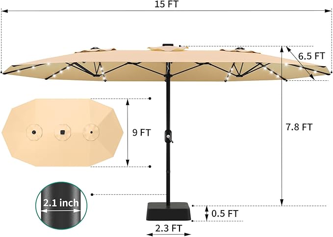15FT Solar Patio Umbrella with 36 LED Lights, Weighted Base Included, Tilt and Crank Market Umbrella for Backyard, Garden, Deck, Pool, Beach