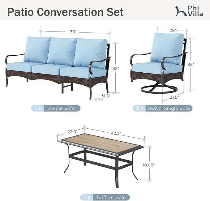 PHI VILLA Outdoor Modern Patio Furniture Set, Upgraded Wicker & Metal Patio Furniture Conversation Set with Waterproof Thick Cushions for Porch, Poolside, Yard (4 Pieces,Blue)