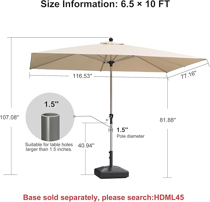 PURPLE LEAF 6.5' x 10' Rectangle Outdoor Umbrella for Patio with Tilt Adjustment, Patio Table Umbrella for 3 Year Fade Resistant, Aluminum Pool Market Umbrella for Deck Garden, Patio, or Lawn