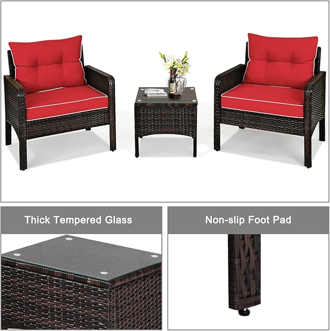 ORALNER 3-Piece Patio Conversation Set, All-Weather Wicker Sofa Chair and Coffee Table Set with Thick Cushions, Outdoor Furniture, Rattan Bistro Set for Balcony Deck Porch Poolside Garden (Red)